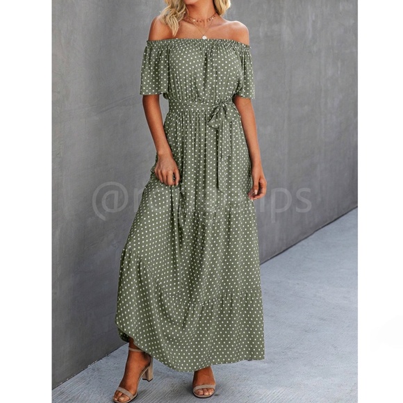 Off Shoulder Green Polka Dot Maxi Dress Flared, Flounce, Long, Belted - Picture 4 of 7